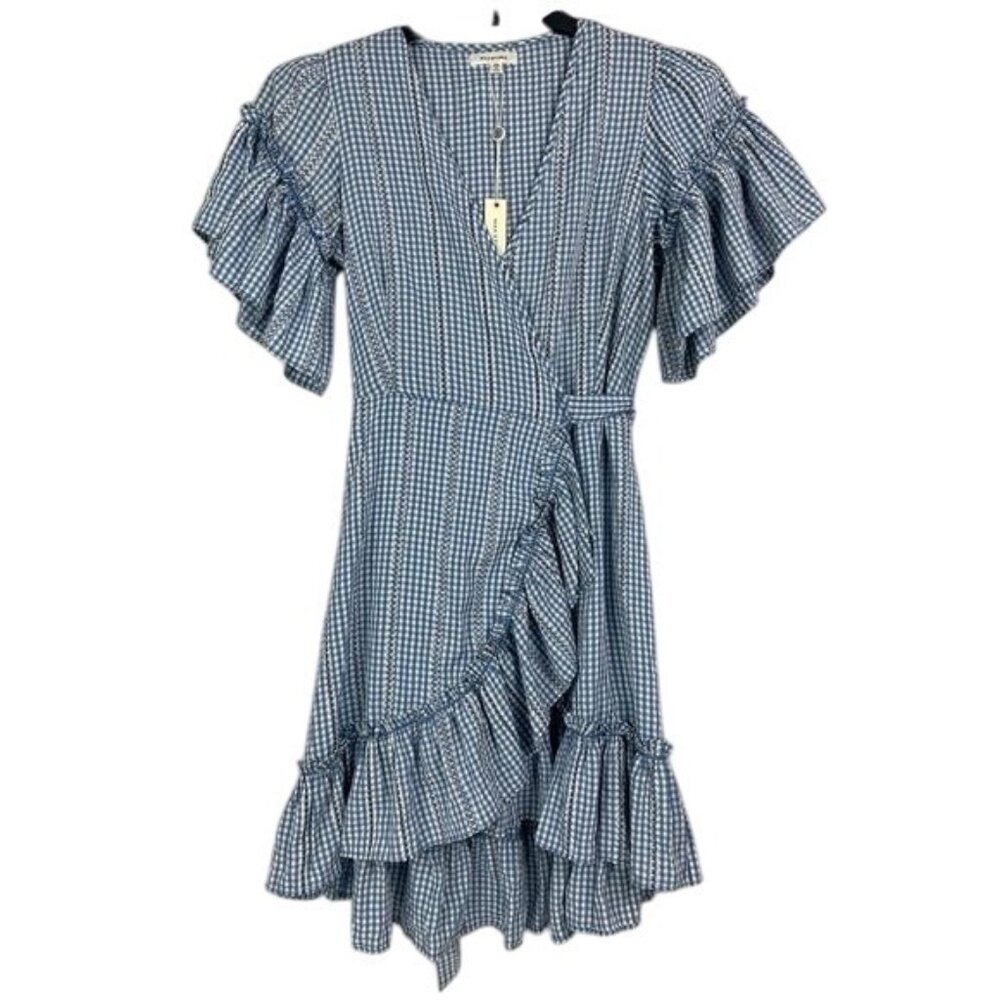 Max Studio Blue Gingham Ruffle Wrap Dress NWT Size XS summer coastal wedding
